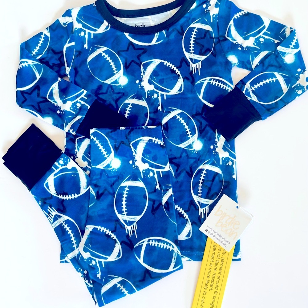 NWT Birdie Bean Blue Football Kids Bamboo Pajama Set